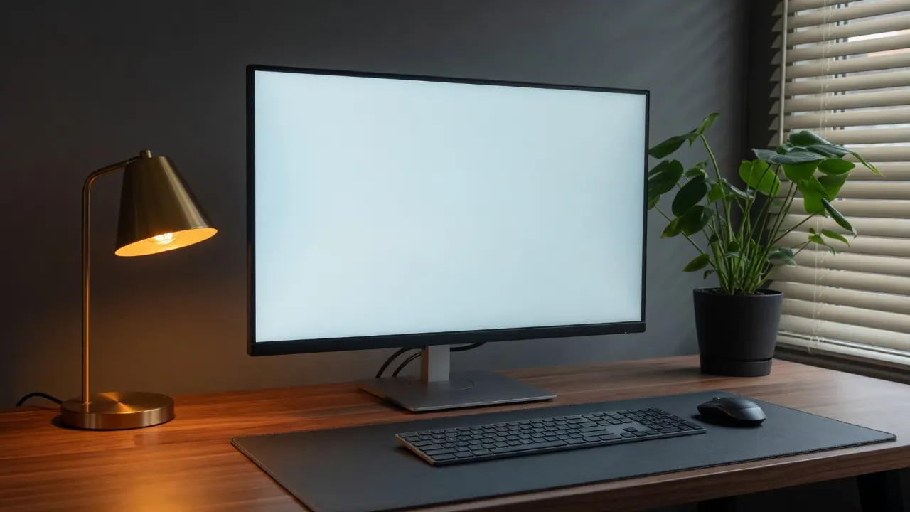 Monitor meja menampilkan white screen / layar putih full screen tanpa ikon