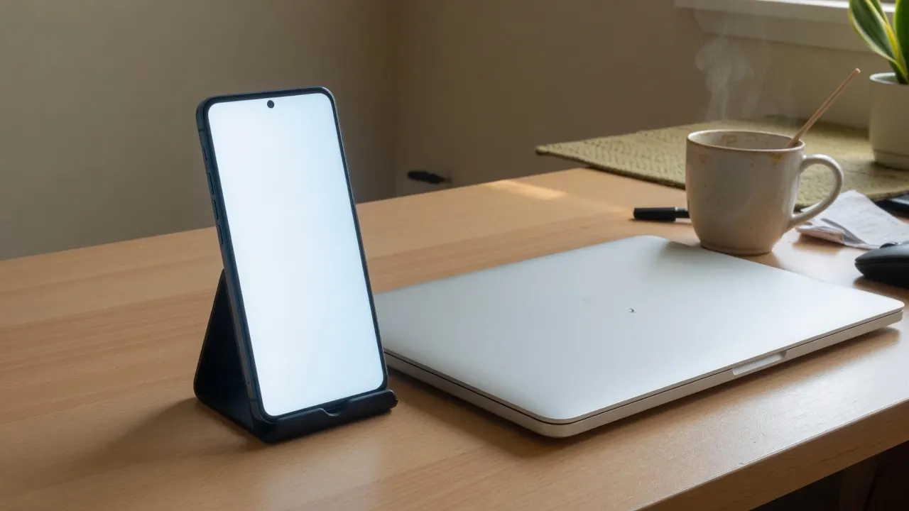 HP dengan white screen terang dipakai sebagai lampu di samping laptop