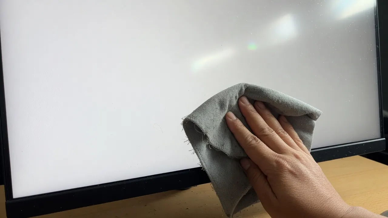 Tangan membersihkan monitor dengan kain microfiber di atas layar putih polos