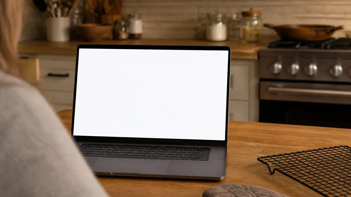 A kitchen table with an open laptop facing the cook, a cooling rack and oven mitt beside a white screen. Talks, study blocks, and kitchen holds need digits people can see from their seat.