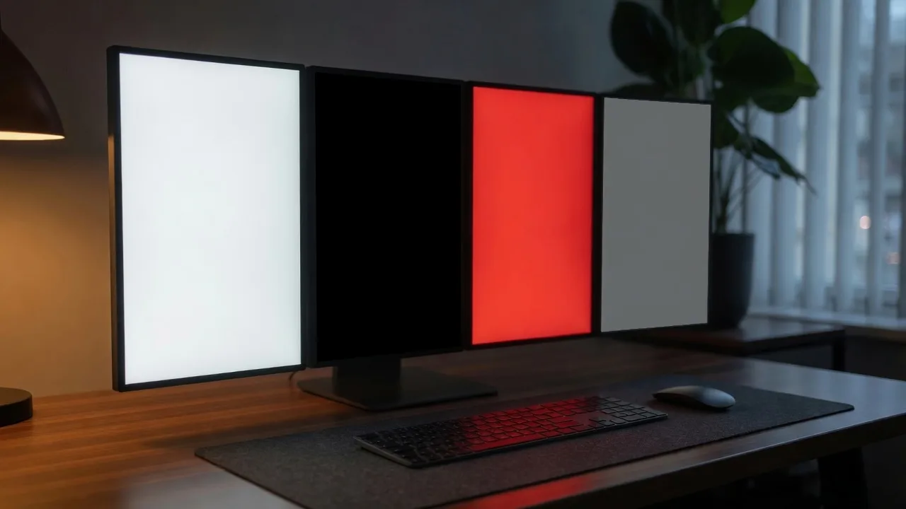 Four test screens in order: white, black, red, and gray for a dead pixel check