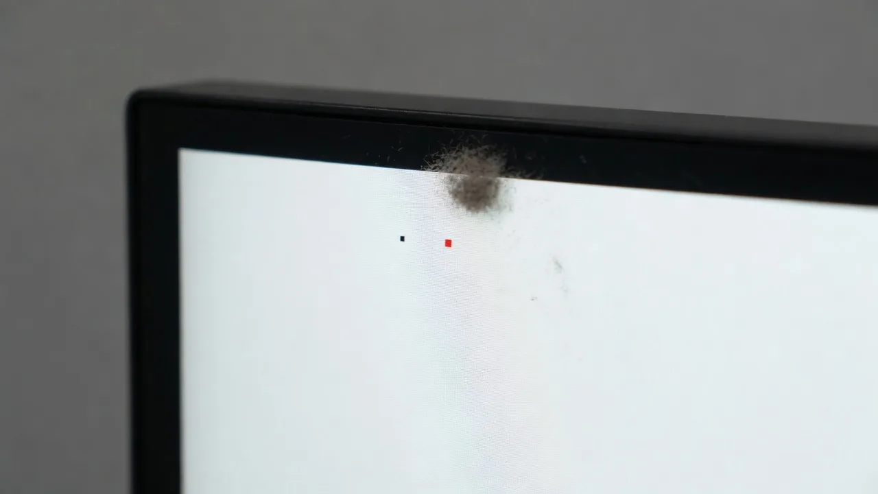 Close-up of a white screen with a tiny dead pixel, a red stuck pixel, and dust on the glass