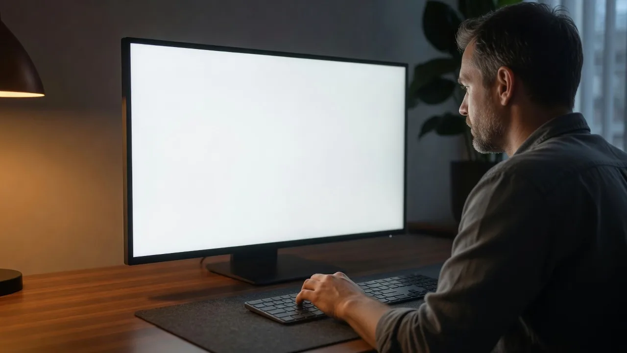 Person starting a fullscreen dead pixel test on a white monitor