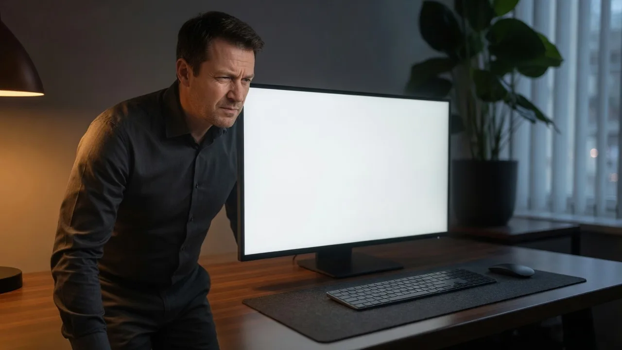 Person inspecting the corner of a white fullscreen during a dead pixel test