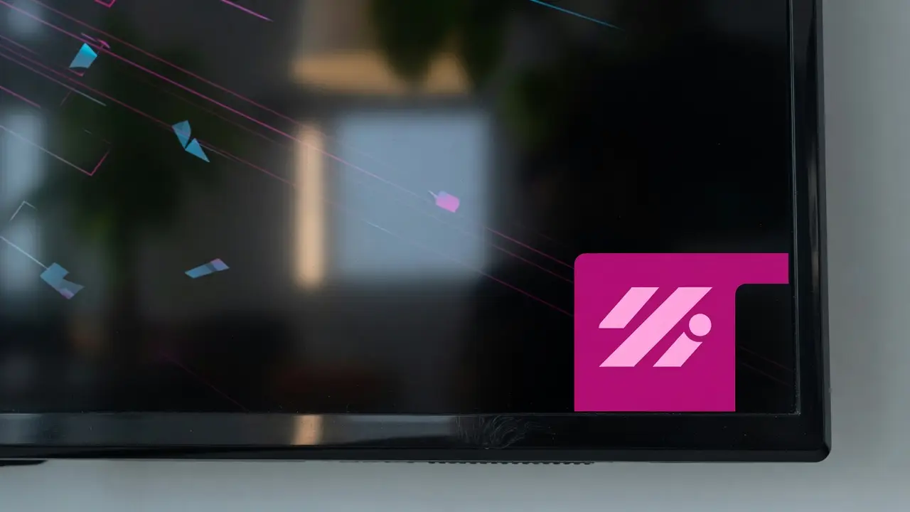 Close-up of a magenta logo sitting in the bottom-right corner of a black TV