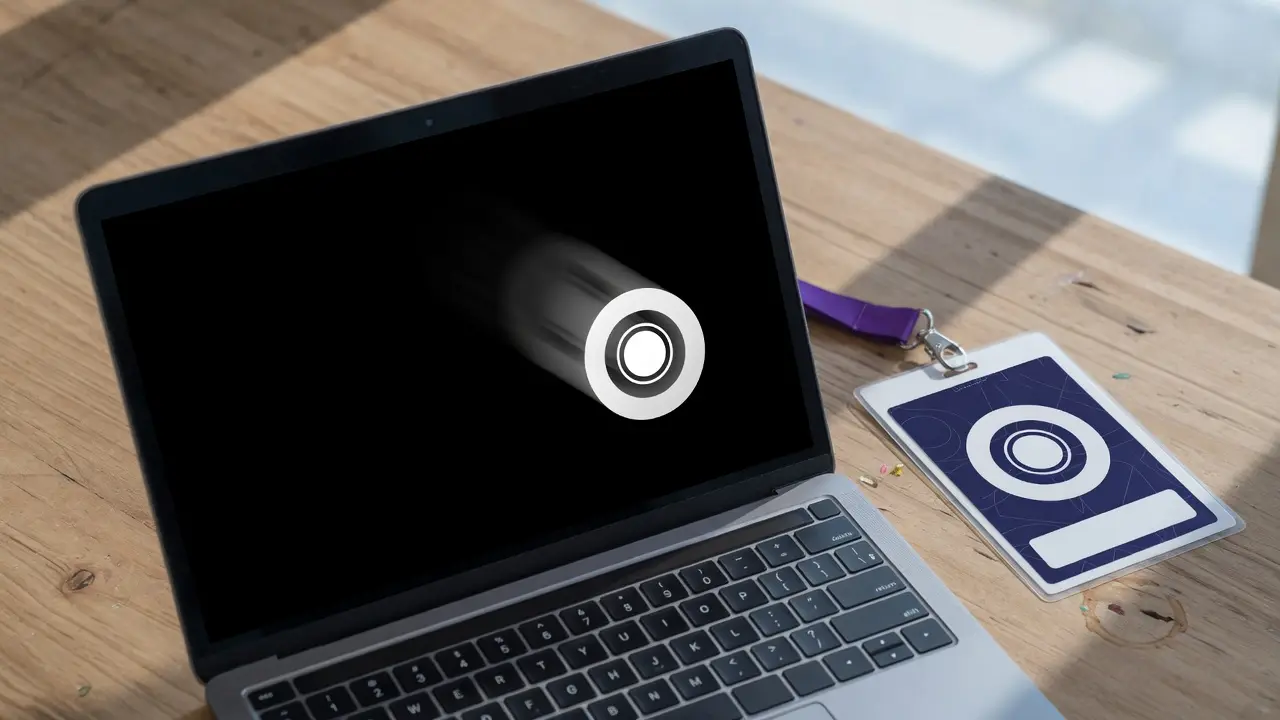 Laptop showing a custom circular mark bouncing on a black screensaver next to an event badge