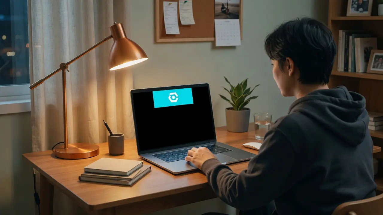 Person watching a bouncing logo screensaver fullscreen on a laptop
