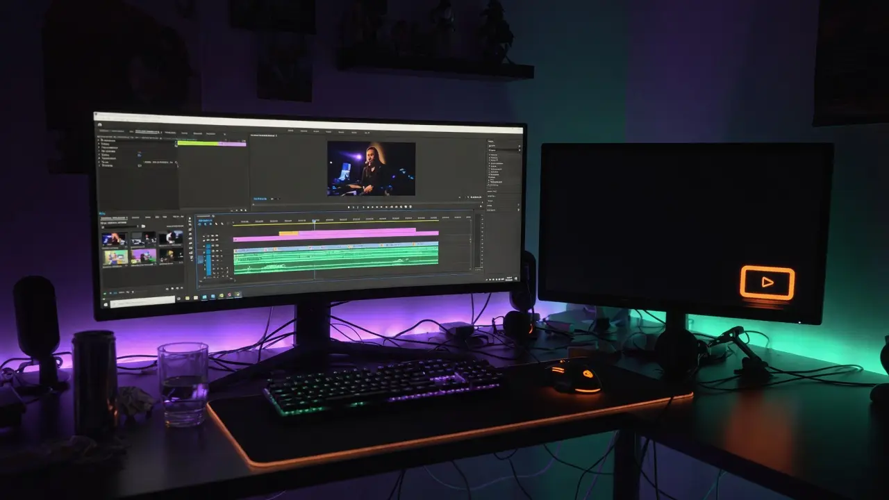 Editing desk with a second monitor running a dark idle bouncing-logo screensaver