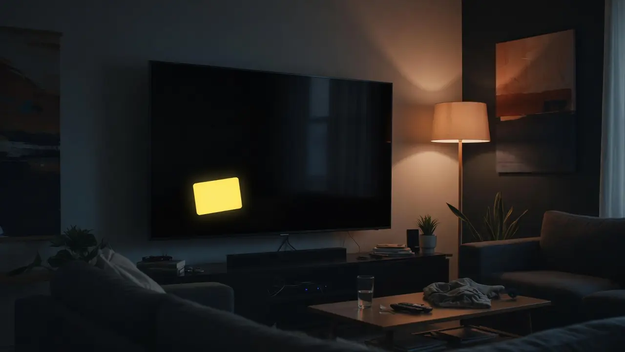 TV in a dark living room showing a bouncing yellow logo on a black screen