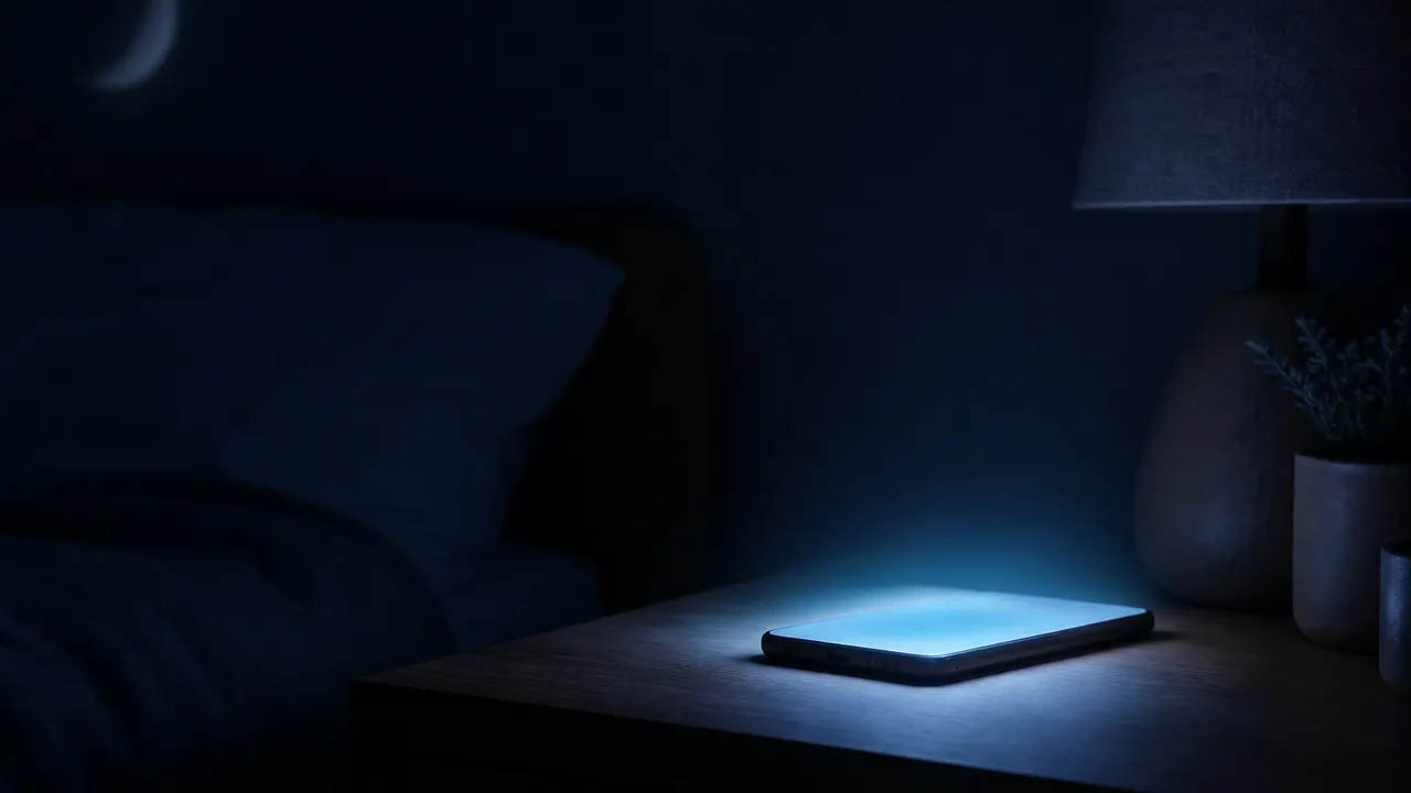 Near-blue phone glow in a dim bedroom with a faint crescent light, no interface labels
