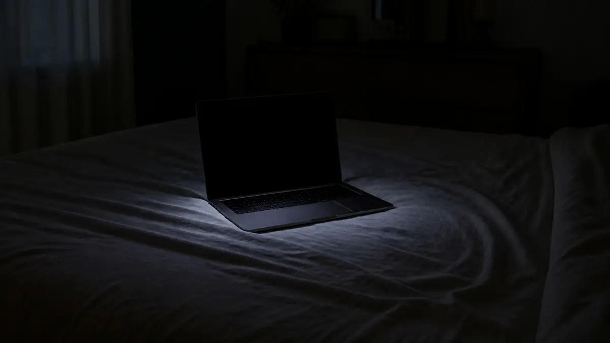 Near-black laptop glow in a dim bedroom with a faint circular light, no interface labels