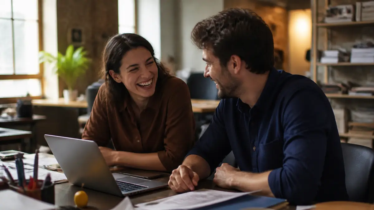 Two coworkers laughing beside a messy desk after a short joke, laptop screen not readable