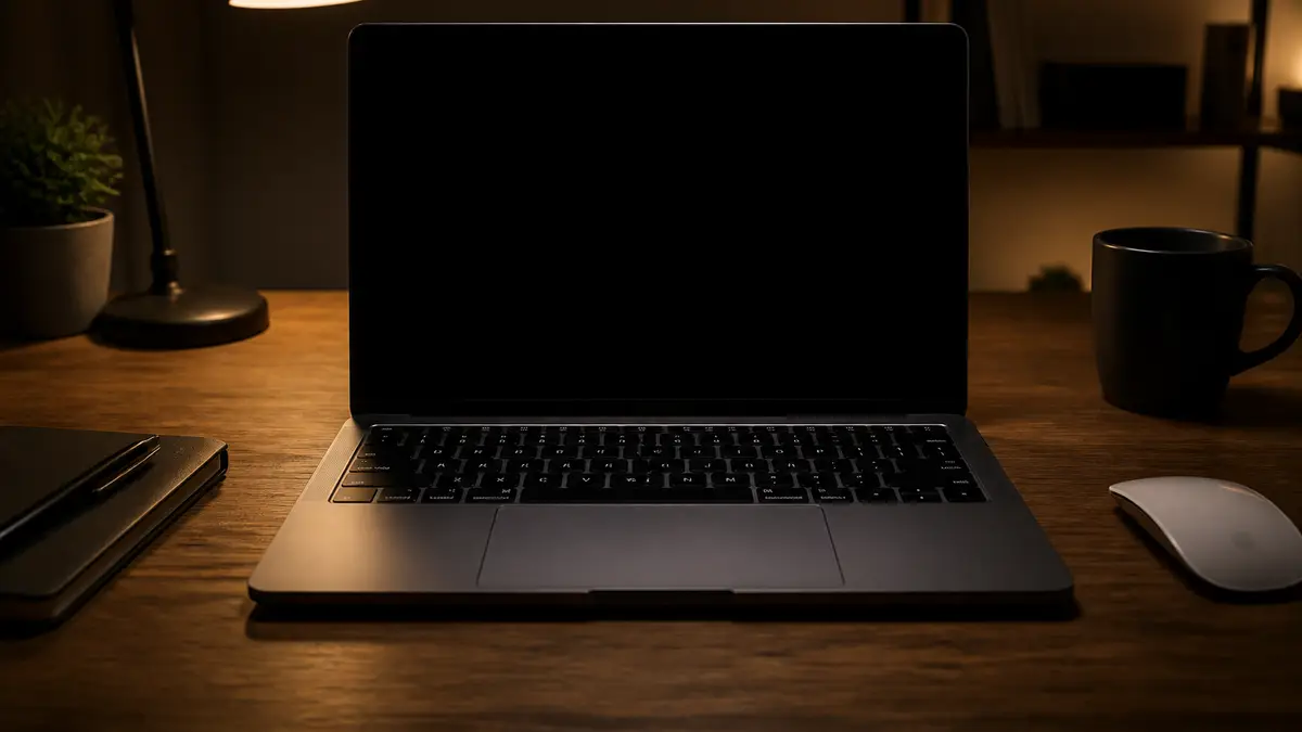 Open laptop in a dark room filling the wooden desk with a solid black glow, no letters or logos