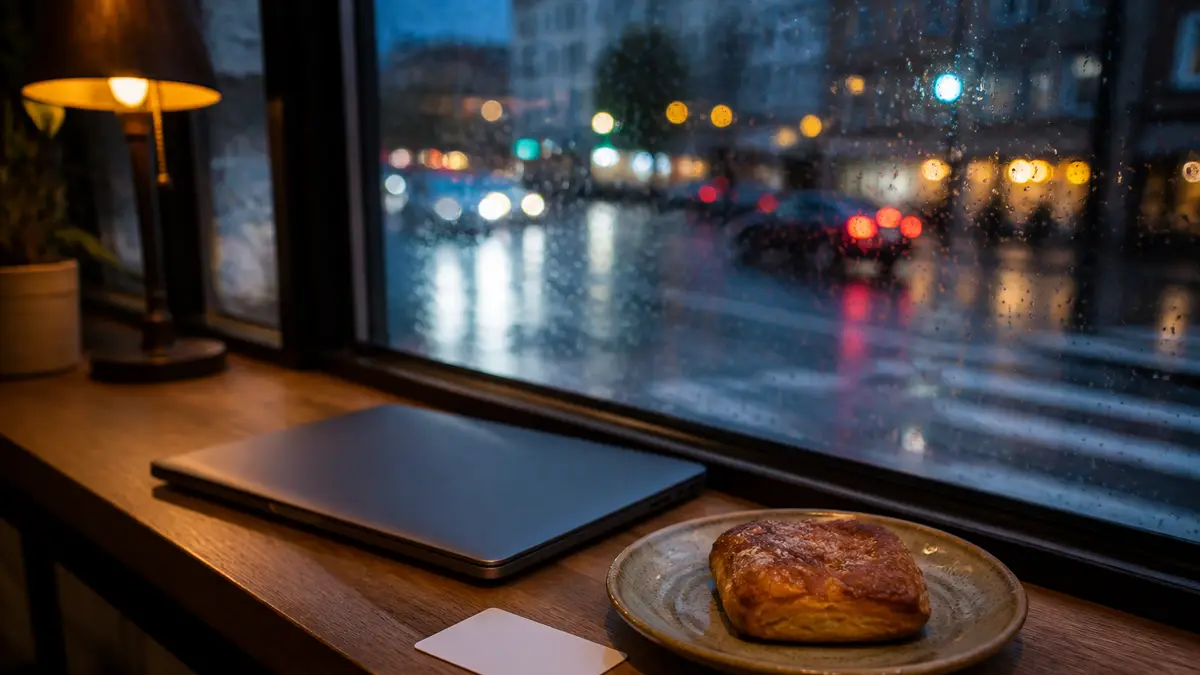 Cafe window ledge at blue hour, laptop lid shut beside a pastry plate and a transit card