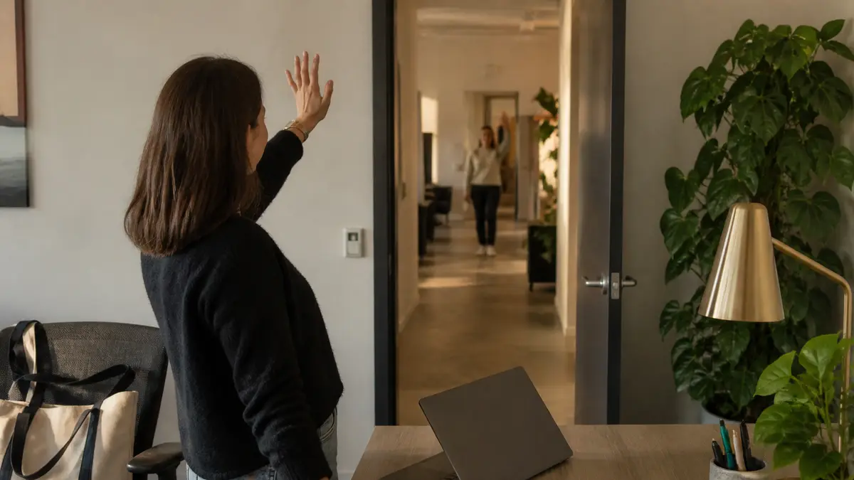 Someone waving from the doorway while a closed laptop sits on the desk behind them