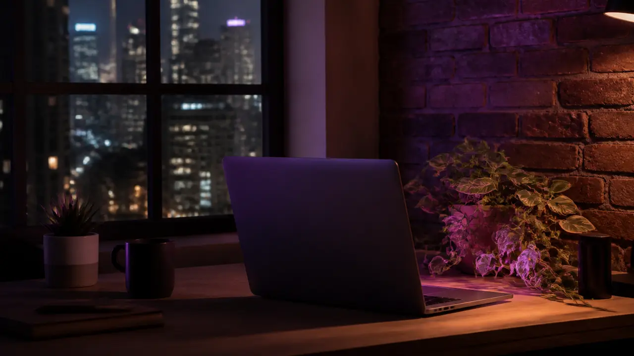 Evening loft desk, open laptop throwing a warm purple glow onto a nearby plant
