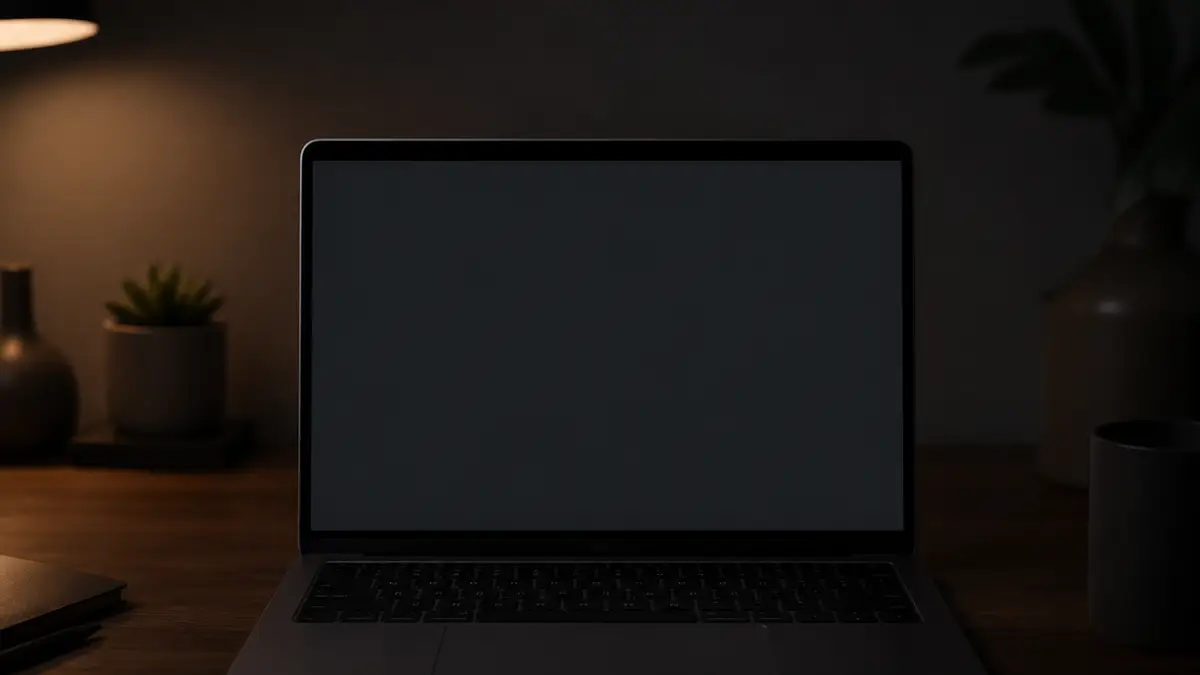 Open laptop in a dim room filling the desk with a dark charcoal glow, no letters