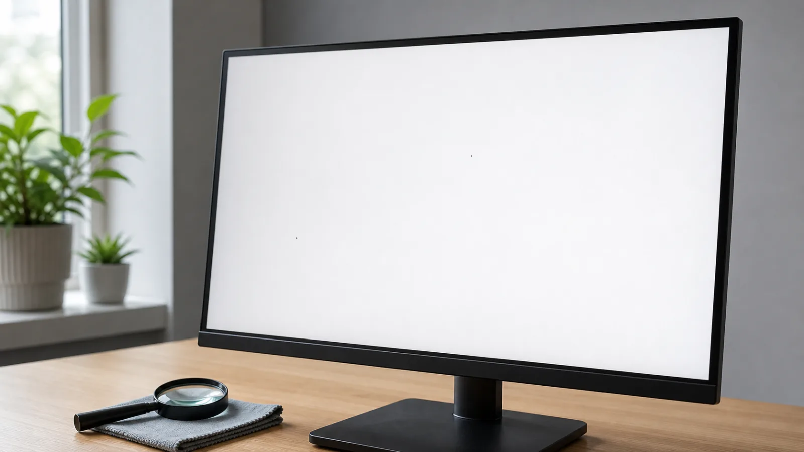 Monitor showing a white screen during a careful dead pixel inspection with a magnifying glass nearby