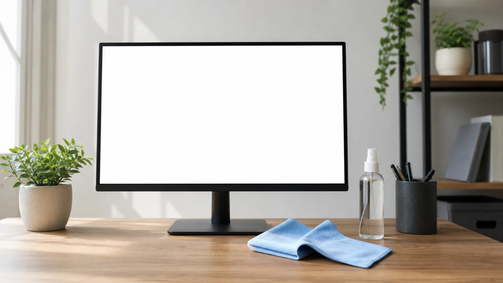 Clean monitor setup with a white screen, microfiber cloth, and screen-safe cleaning bottle
