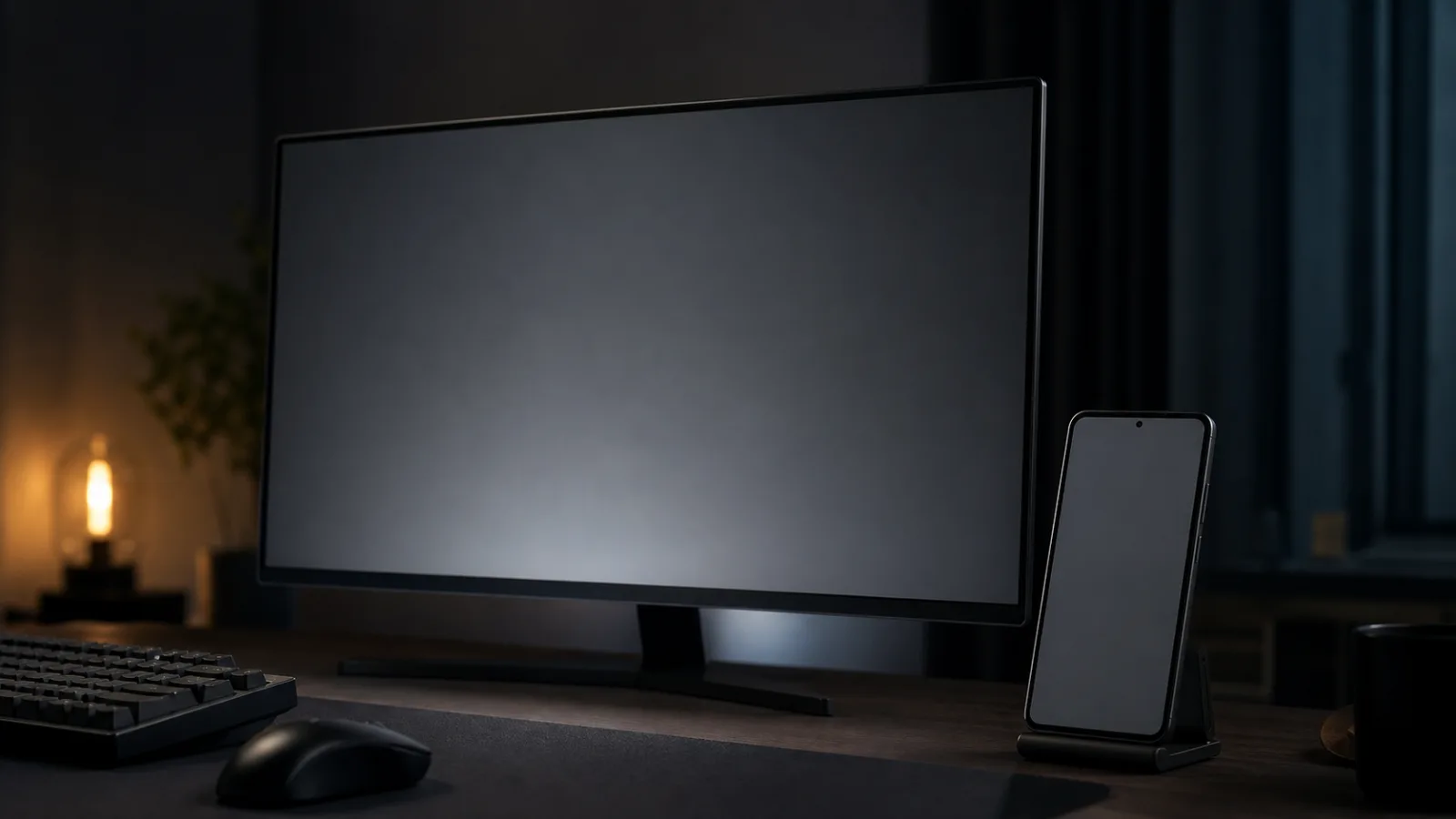 OLED phone and monitor showing dark gray test screens during a short low-stress inspection