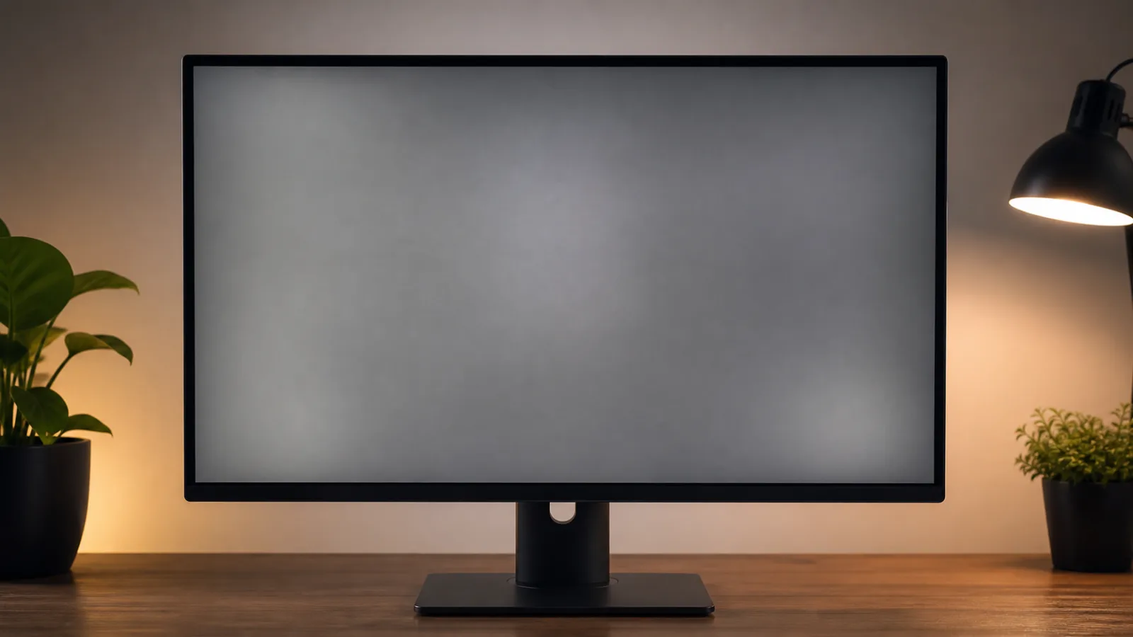 Monitor showing a gray screen during a screen uniformity test in controlled room lighting