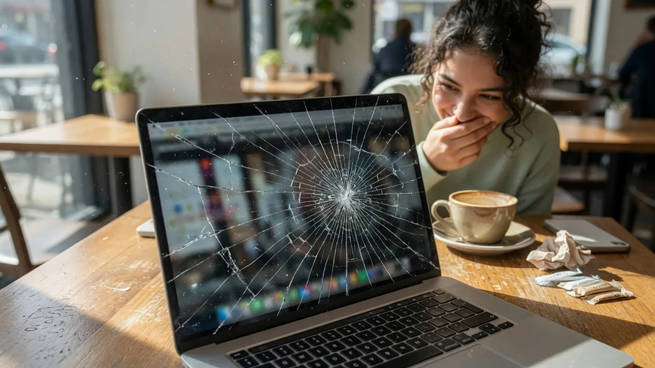 Broken screen / layar pecah prank di laptop kafe, retak palsu