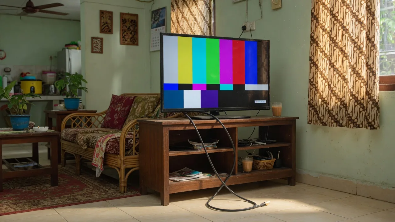 TV dengan pola tes di ruang tamu, terkait efek analog