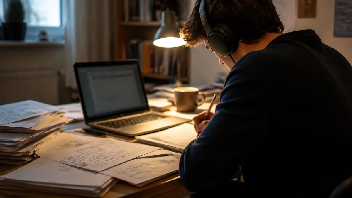 A person wearing headphones at a messy desk, laptop screen not readable. Study and masking use the same hiss; close the tab and it is gone.