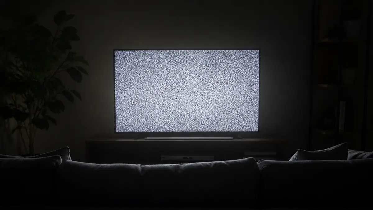 A living-room television filling a dark couch with analog TV snow glow, no interface labels. This static screen is visual snow only, not a hiss.