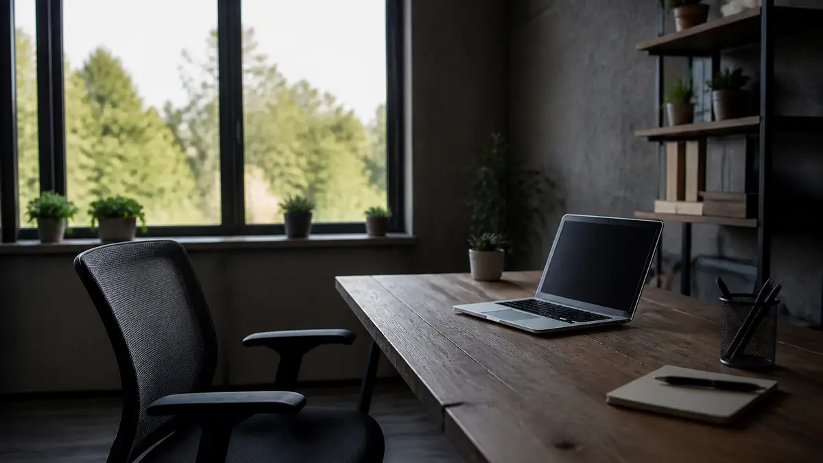 An empty office chair and an open laptop on a wooden desk in daylight, no readable screen text. Set intensity and speed before going fullscreen.