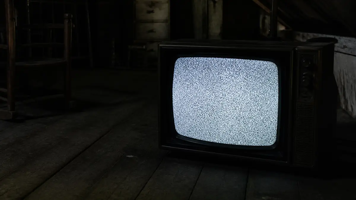 An old CRT television in a dim attic showing grainy analog snow, no letters or logos. Retro and horror cuts use the same silent static.