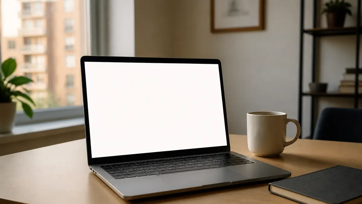 An open laptop on an apartment desk facing slightly away, the screen a bright white field beside a mug. The stopwatch is only this browser tab: elapsed flip-clock digits, no install, close the tab and it is gone.