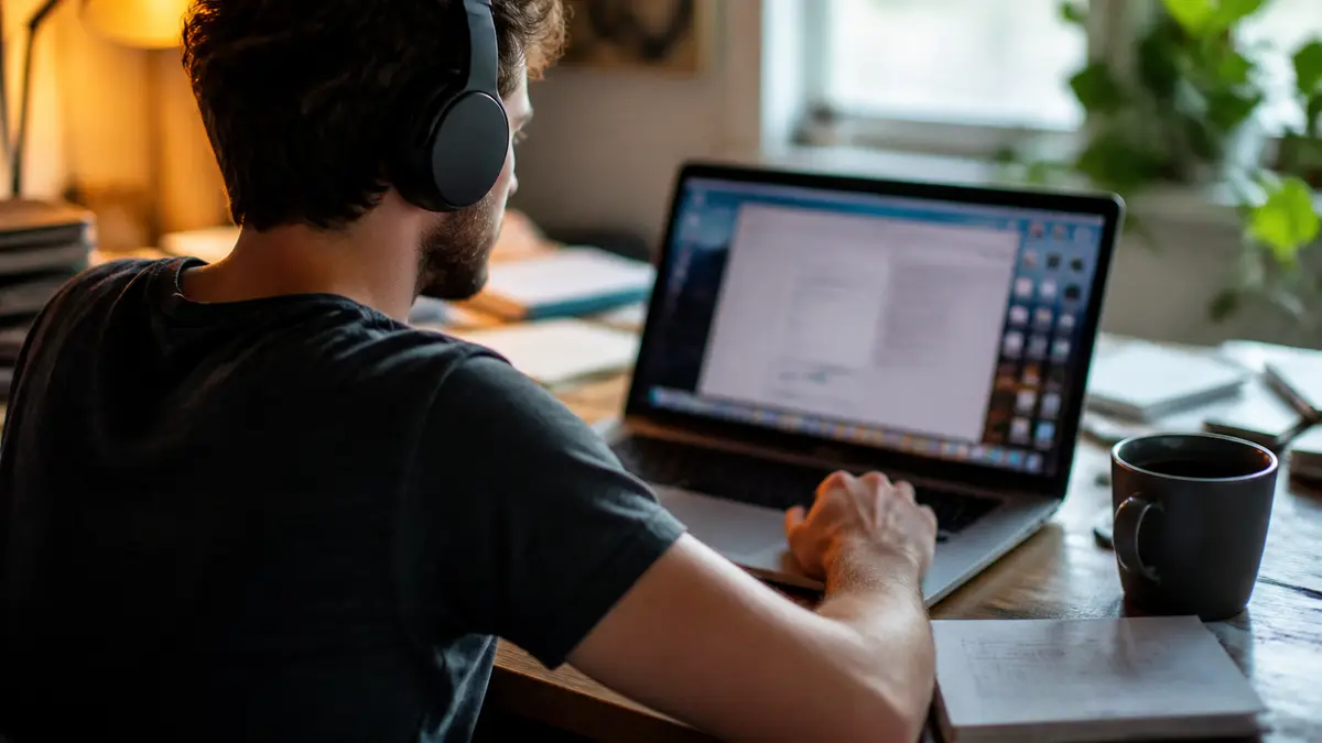 A person wearing headphones at a messy desk, laptop screen not readable. Masking and focus use the same hiss; close the tab and it is gone.